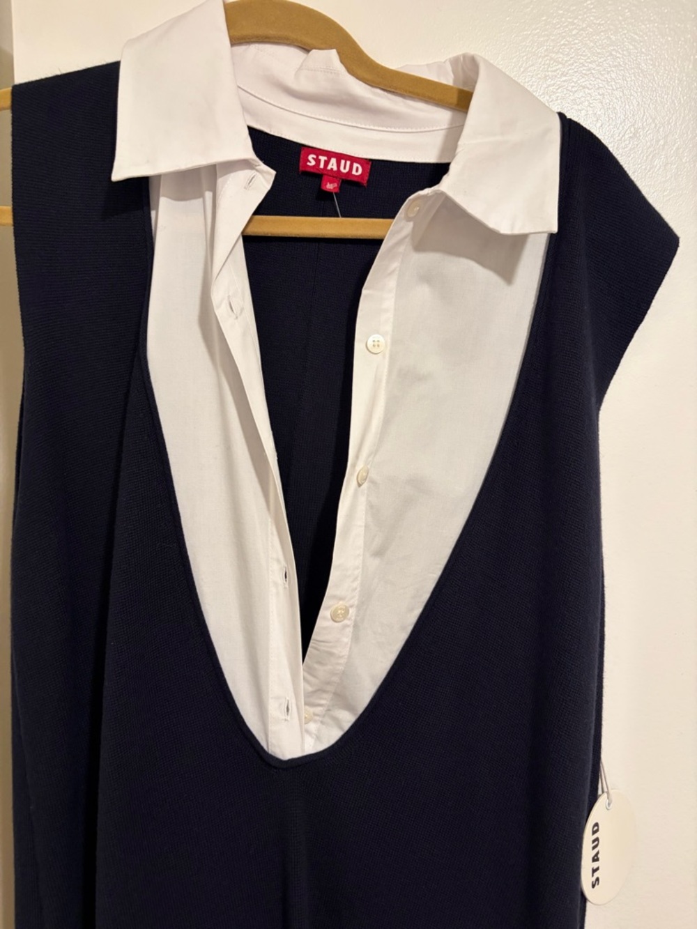 STAUD Navy and White Maxi Dress with Deep V Panel - Picture 6 of 6